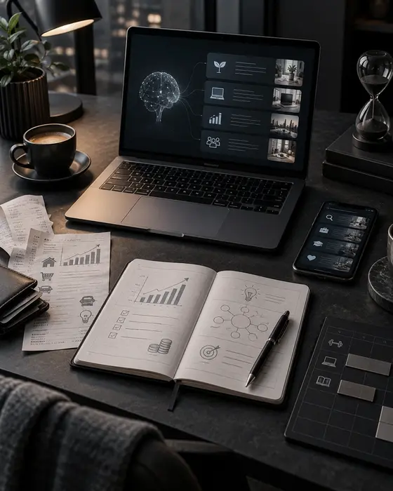 Arbeitsplatz mit Notizen zur persönlichen AI-Analyse